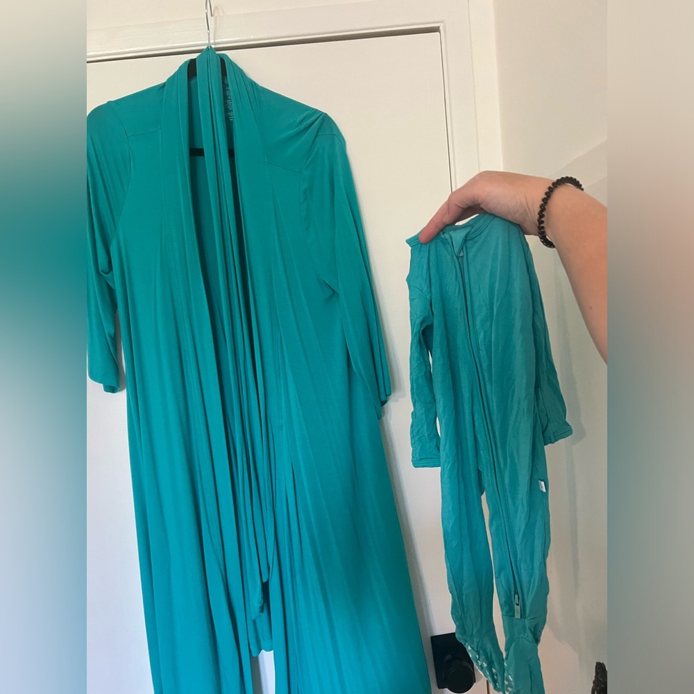Mommy and Me Posh Peanut Matching Teal Robe and Zip Up Footed Onsie Set